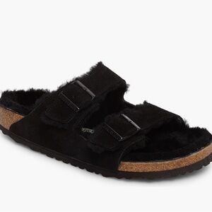 Birkenstock Arizona Slide Sandal with Genuine Shearling Fur Black NEW Size 39